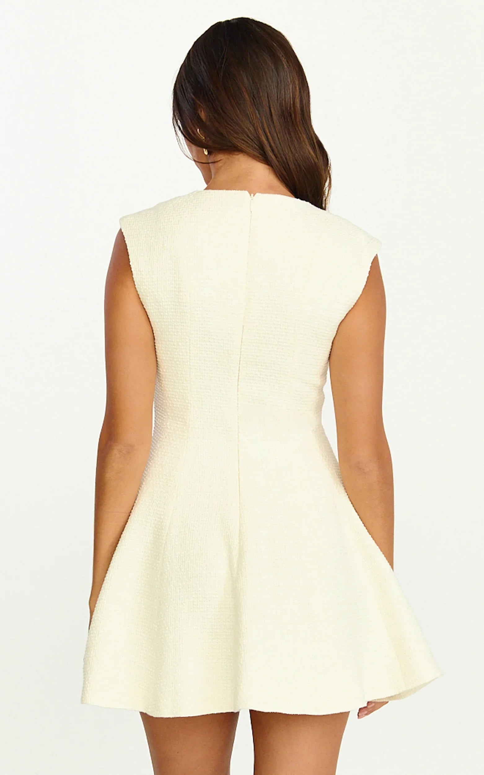 Nelson Mini Dress Low Cut Boucle Fit Flare Mini Dress in Cream