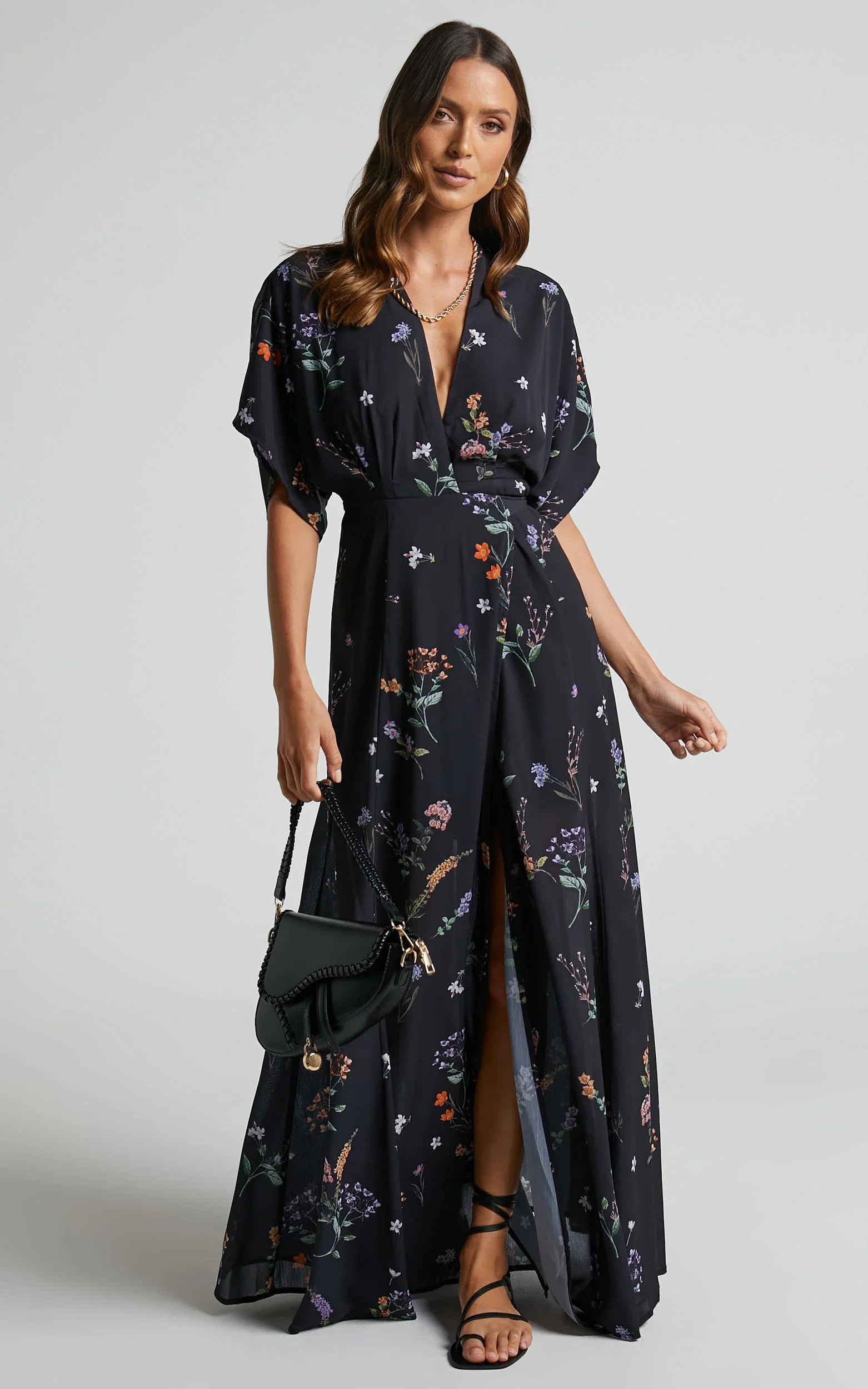 Erenza Maxi Dress Extended Sleeve Wrap Dress in Black Flower Field