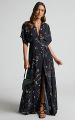 Erenza Maxi Dress Extended Sleeve Wrap Dress in Black Flower Field