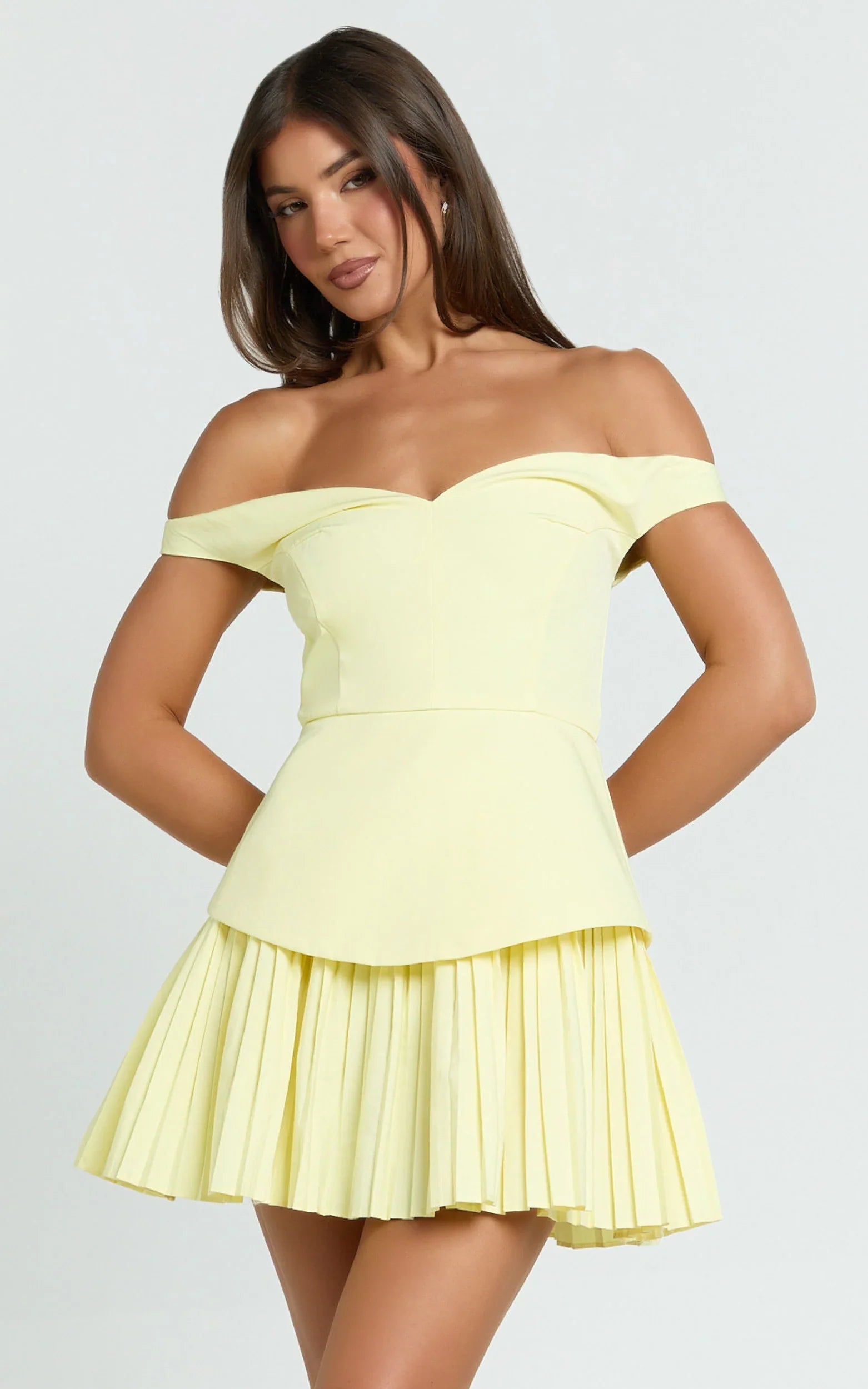 Izara Mini Dress Off Shoulder Pleated Dress in Lemon