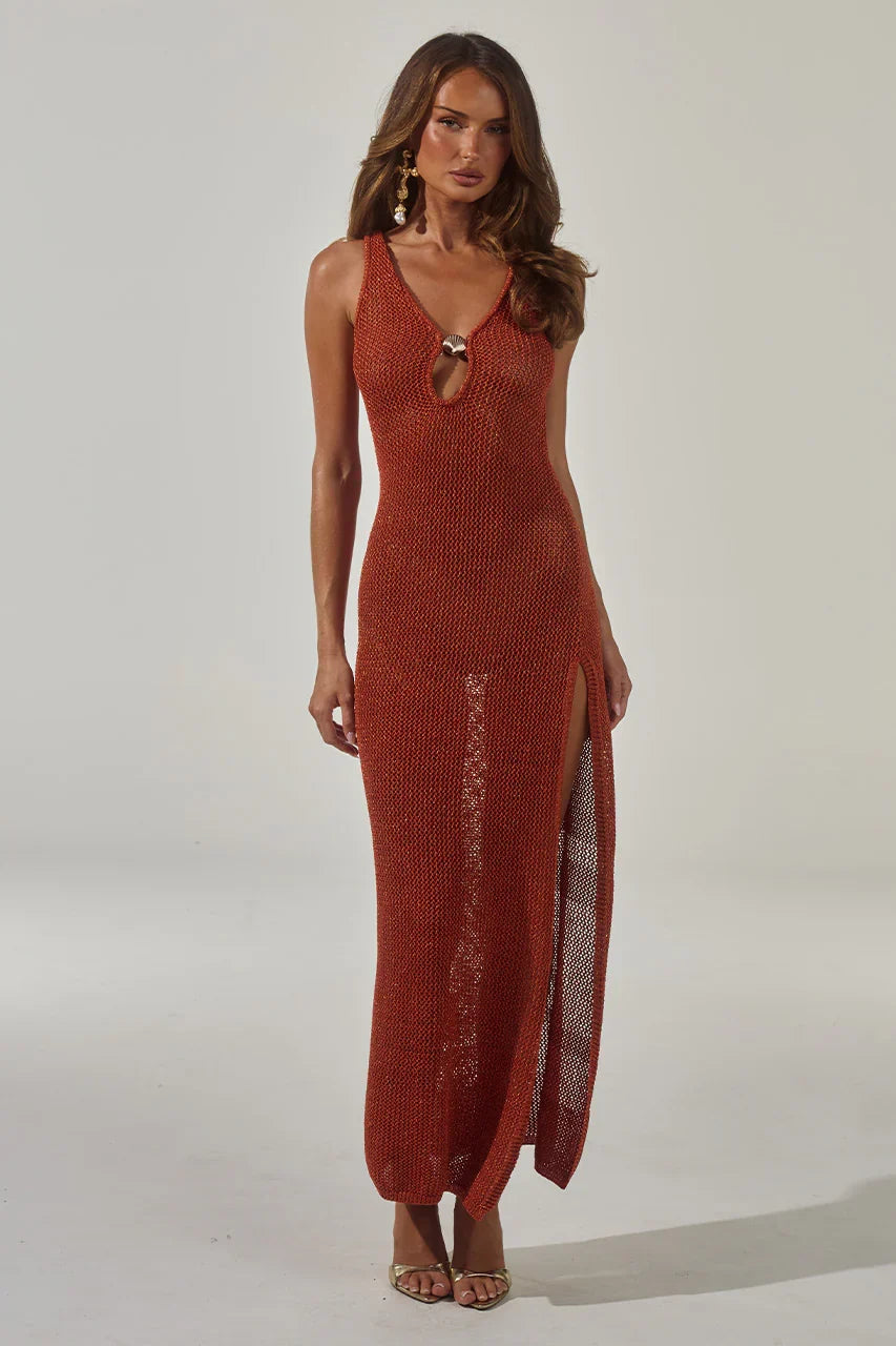 ARIYA SLEEVELESS KNIT MAXI DRESS RUST METALLIC