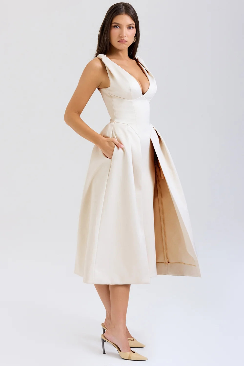 vintage cream satin pleated midi dress sale