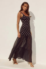 TILLIE SHEER BOTTOM MAXI DRESS BLACK WHITE POLKA