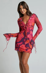 Alesya Mini Dress Ruffle Plunge Neck Long Sleeve Tie Detail Dress in Adeana Print