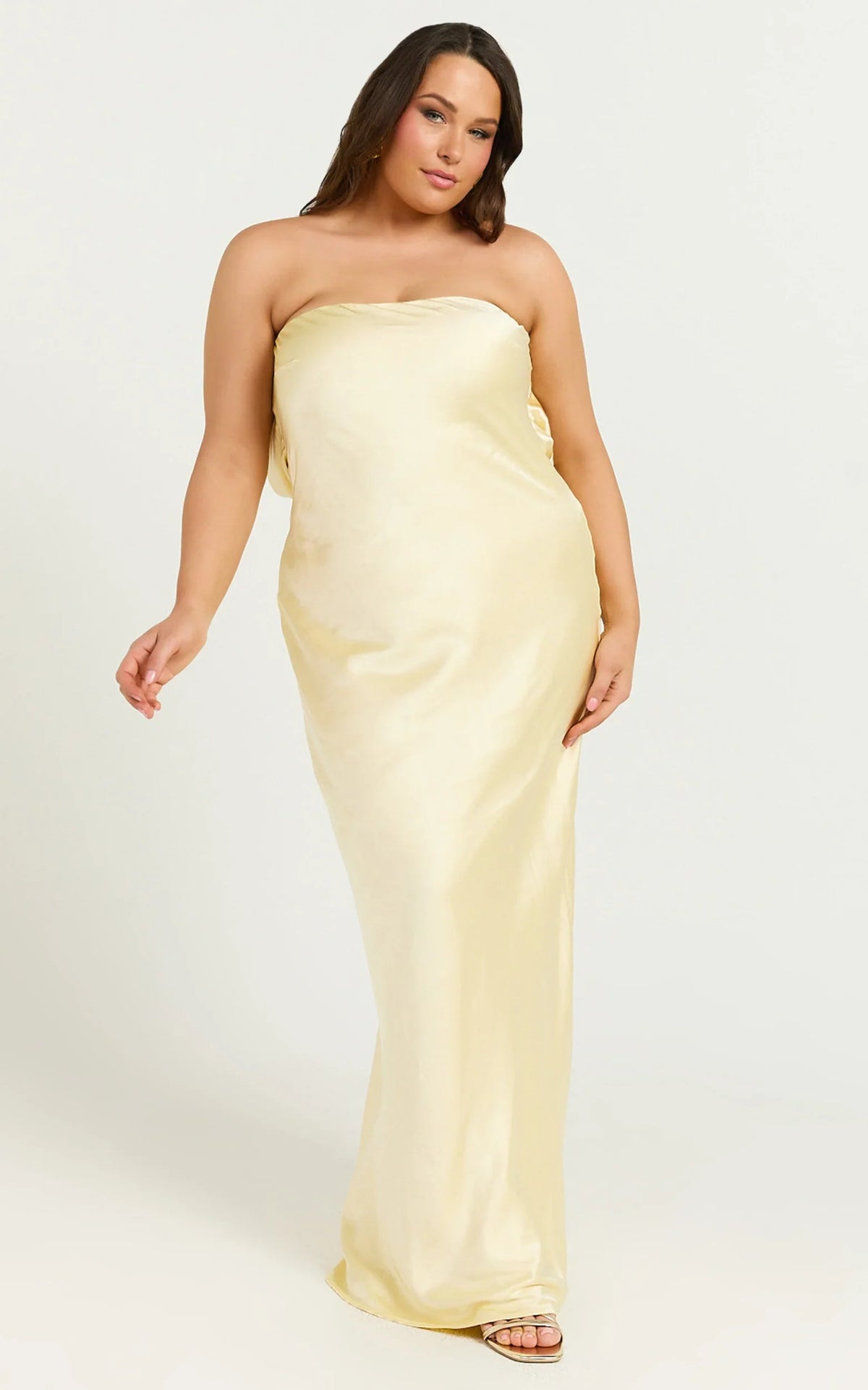 Charlita Maxi Dress Strapless Cowl Back Satin Dress in Butter Yellow