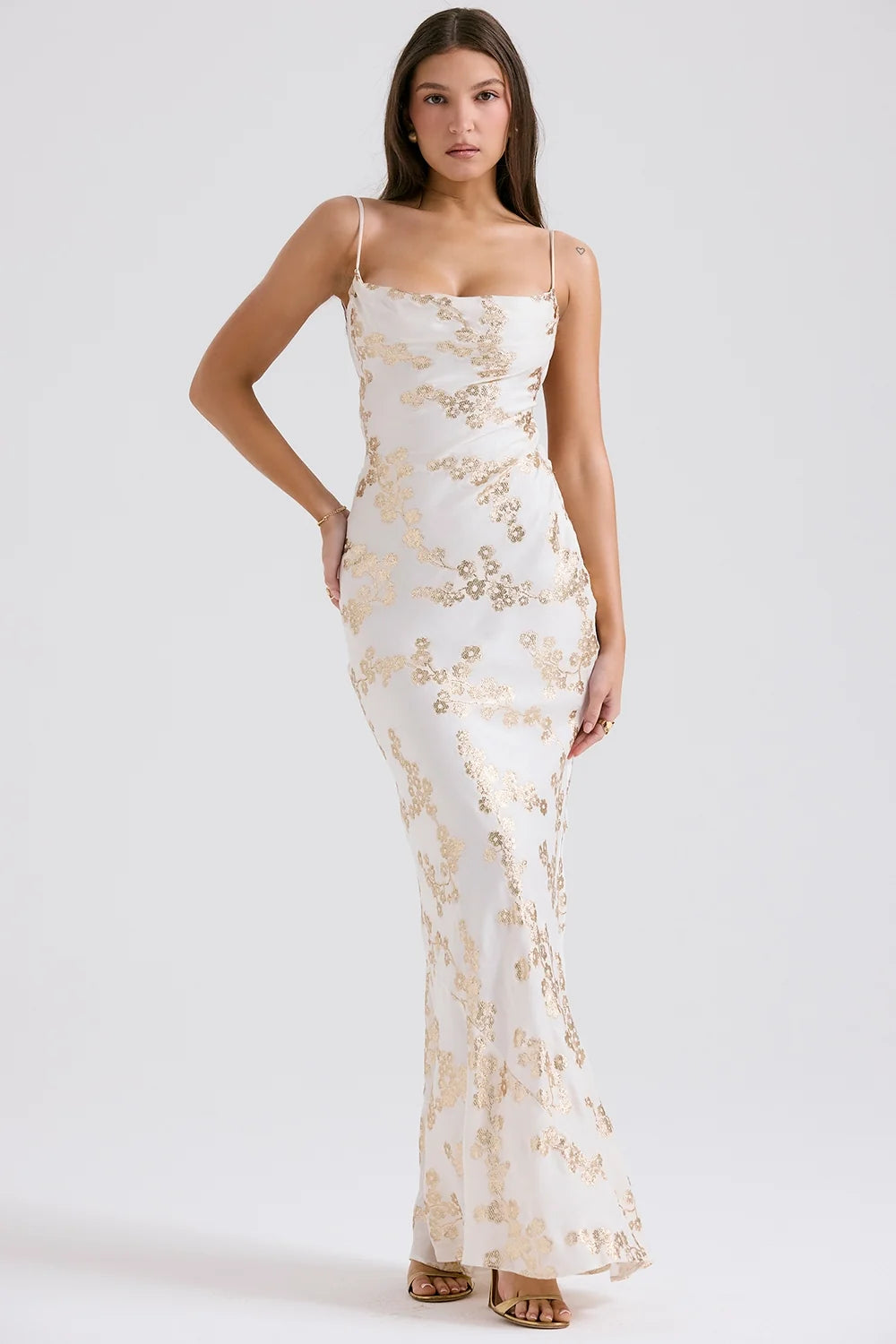 white gold jacquard satin gown