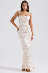 white gold jacquard satin gown