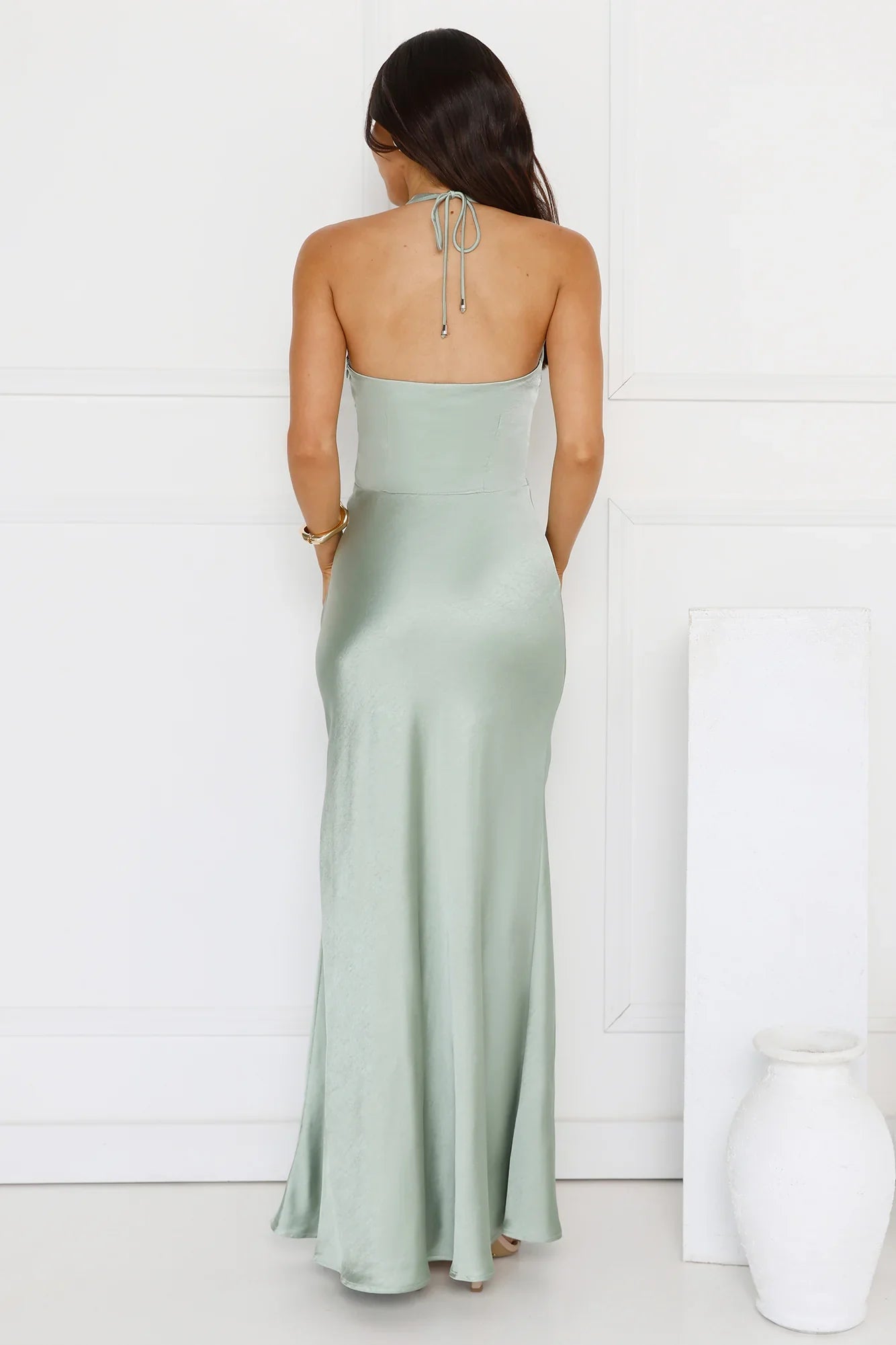 Spiced Sunset Satin Halter Maxi Dress Sage