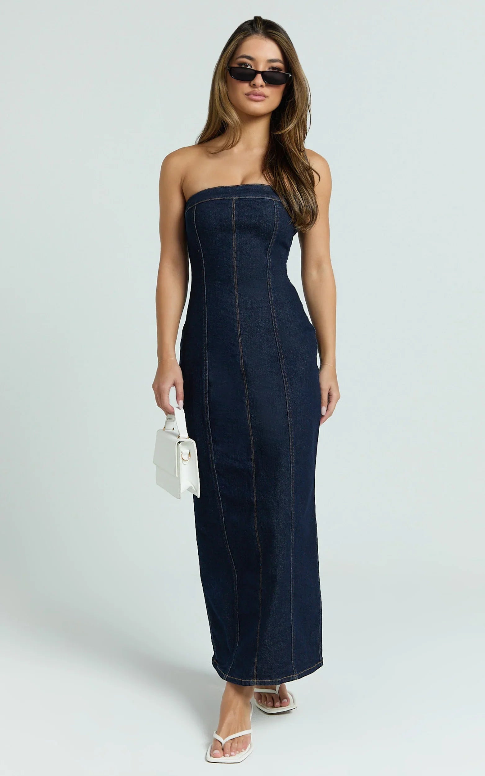 Keziah Maxi Dress Denim Strapless Bodycon Dress in Indigo Wash