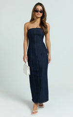 Keziah Maxi Dress Denim Strapless Bodycon Dress in Indigo Wash