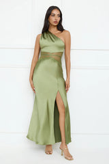 Show You Love One Shoulder Satin Maxi Dress Green