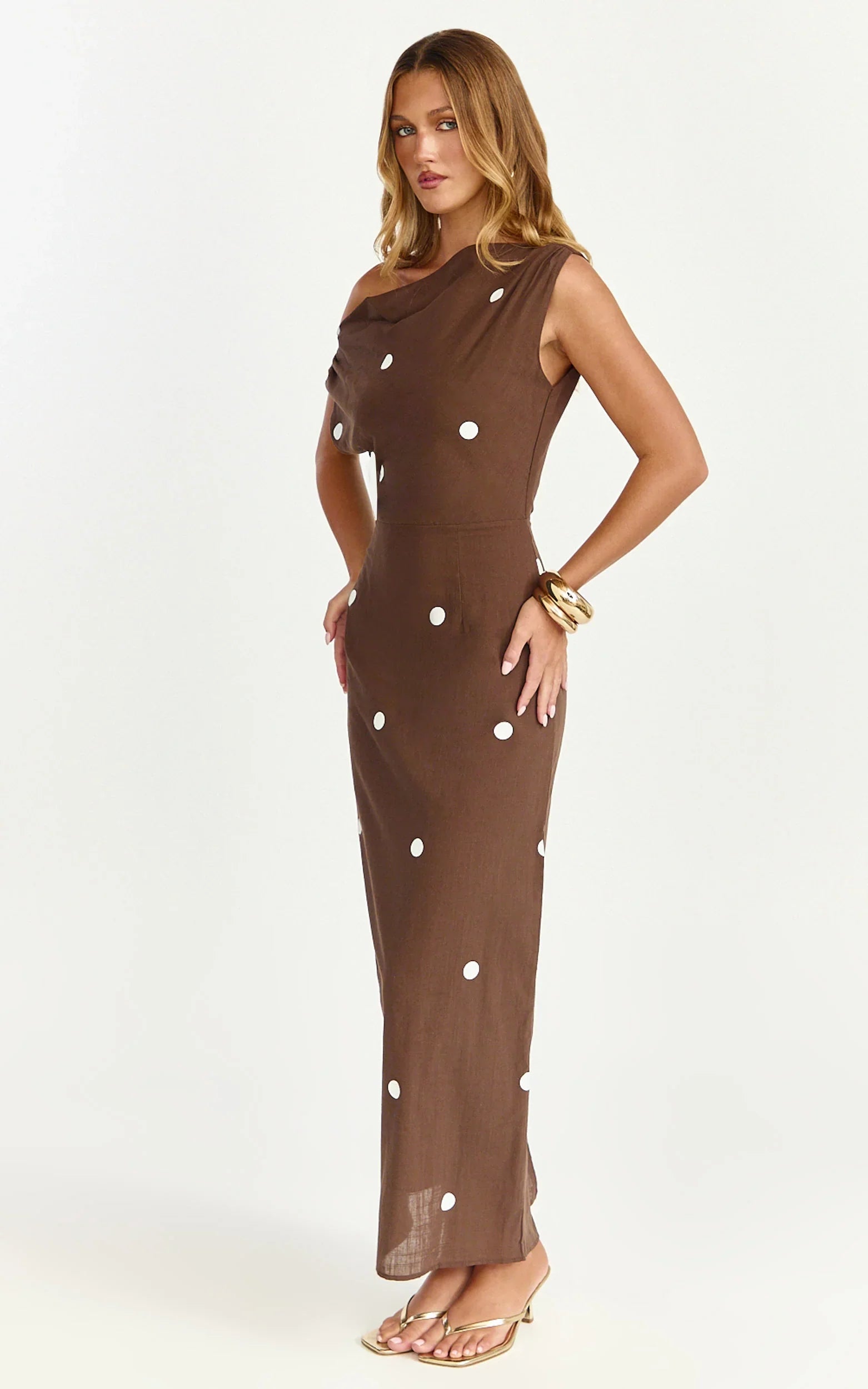 Cia Maxi Dress Tipped Shoulder Linen Polkadot Dress in Chocolate