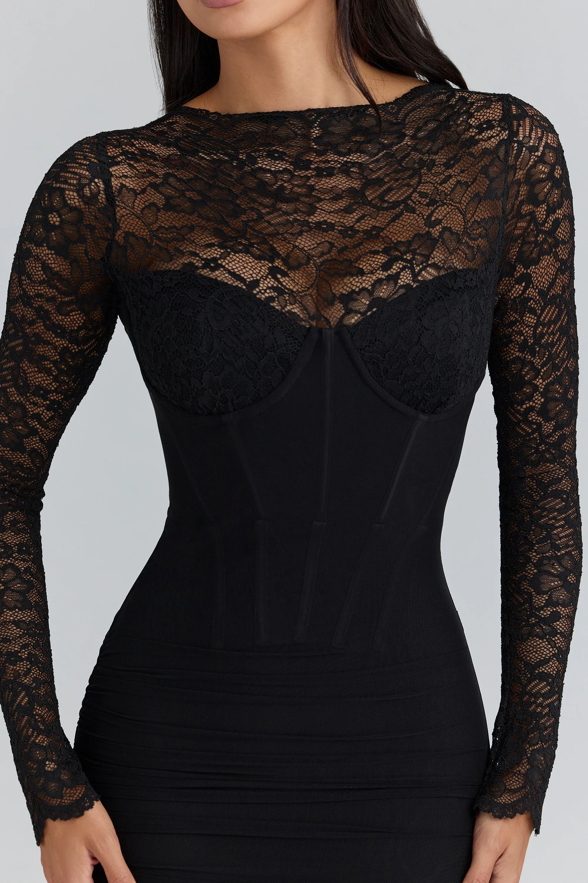 black lace long sleeved corset maxi dress