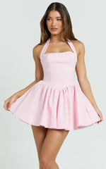 Helda Mini Dress Halter Tie Neck Corset Panel Dress in Pink