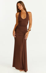 Dixie Maxi Dress Plunge Halter Low Back Dress in Chocolate