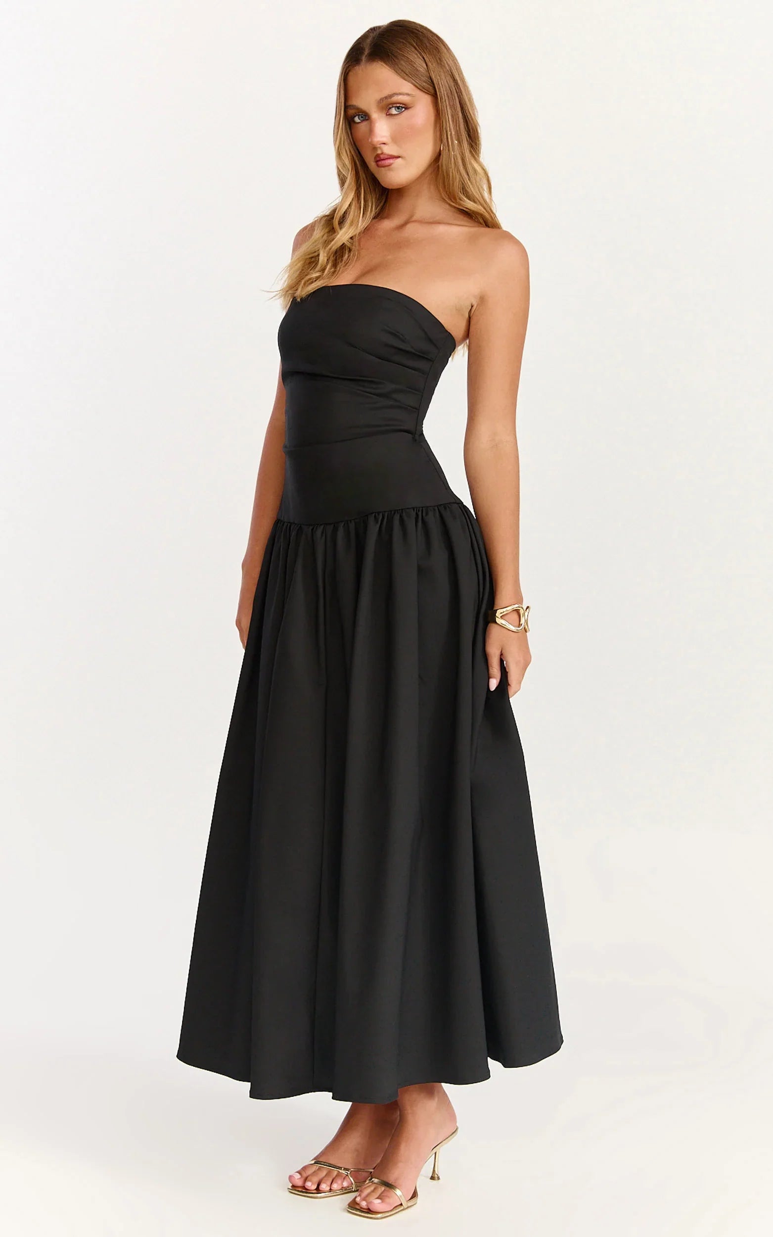 Louisa Maxi Dress Strapless Side Ruched Dropped Waist Fit And Flare Dress in Black