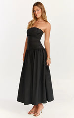 Louisa Maxi Dress Strapless Side Ruched Dropped Waist Fit And Flare Dress in Black