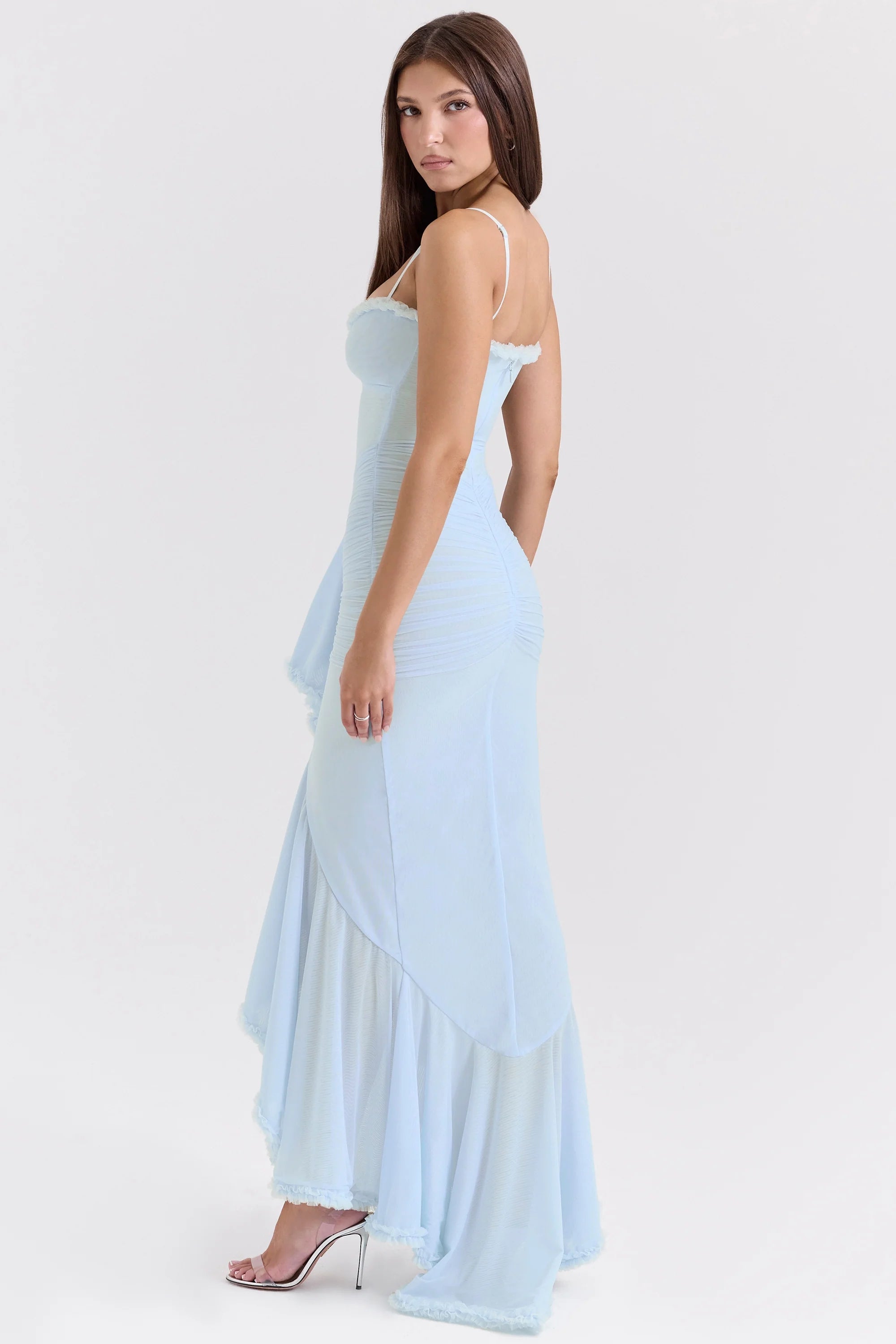 ice blue mesh ruffled front gown