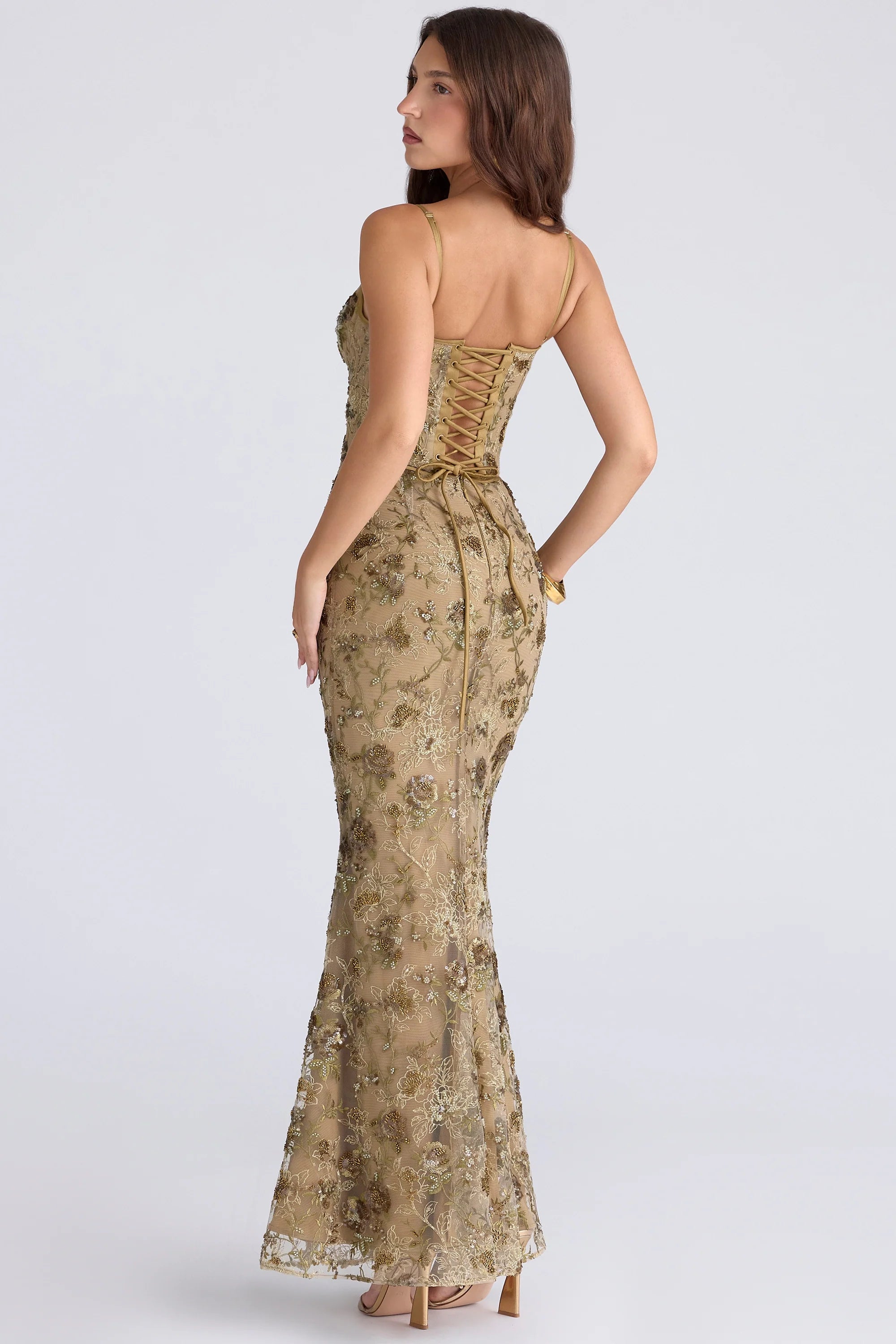 olive bronze hand beaded embellished corset maxi dress limited edition