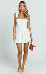Wallace Mini Dress Square Neck Wide Strap Drop Waist Pleated Dress in White