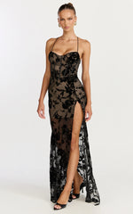 Violeta Maxi Dress Corset Front Burnout Dress in Black