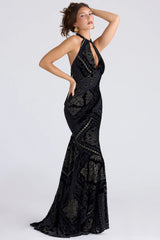 black gold devore velvet maxi gown
