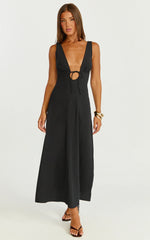 Silvena Midi Dress Plunge Neckline Tie Front A Line Dress in Black