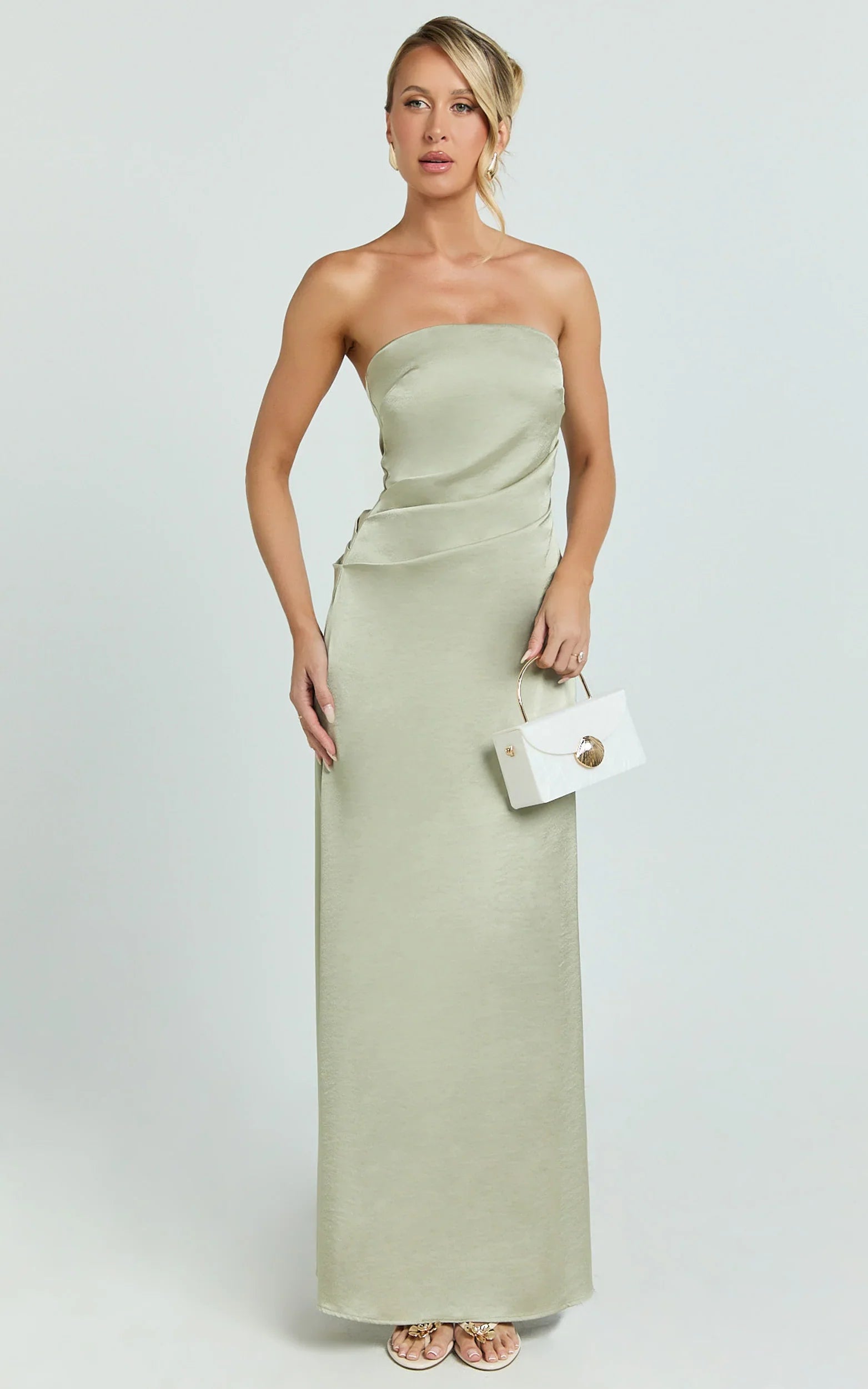 Laurie Maxi Dress Strapless Draped Satin Dress in Light Olive
