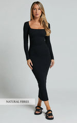 Lucy Midi Dress Ribbed Side Ruched Bodycon Dress in Black