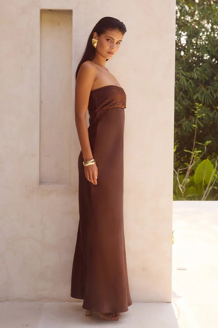 ELSA STRAPLESS SCARF MAXI DRESS CHOCOLATE
