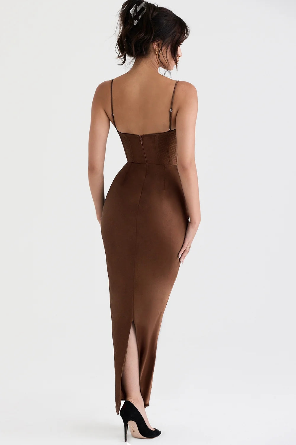 chocolate corset maxi dress
