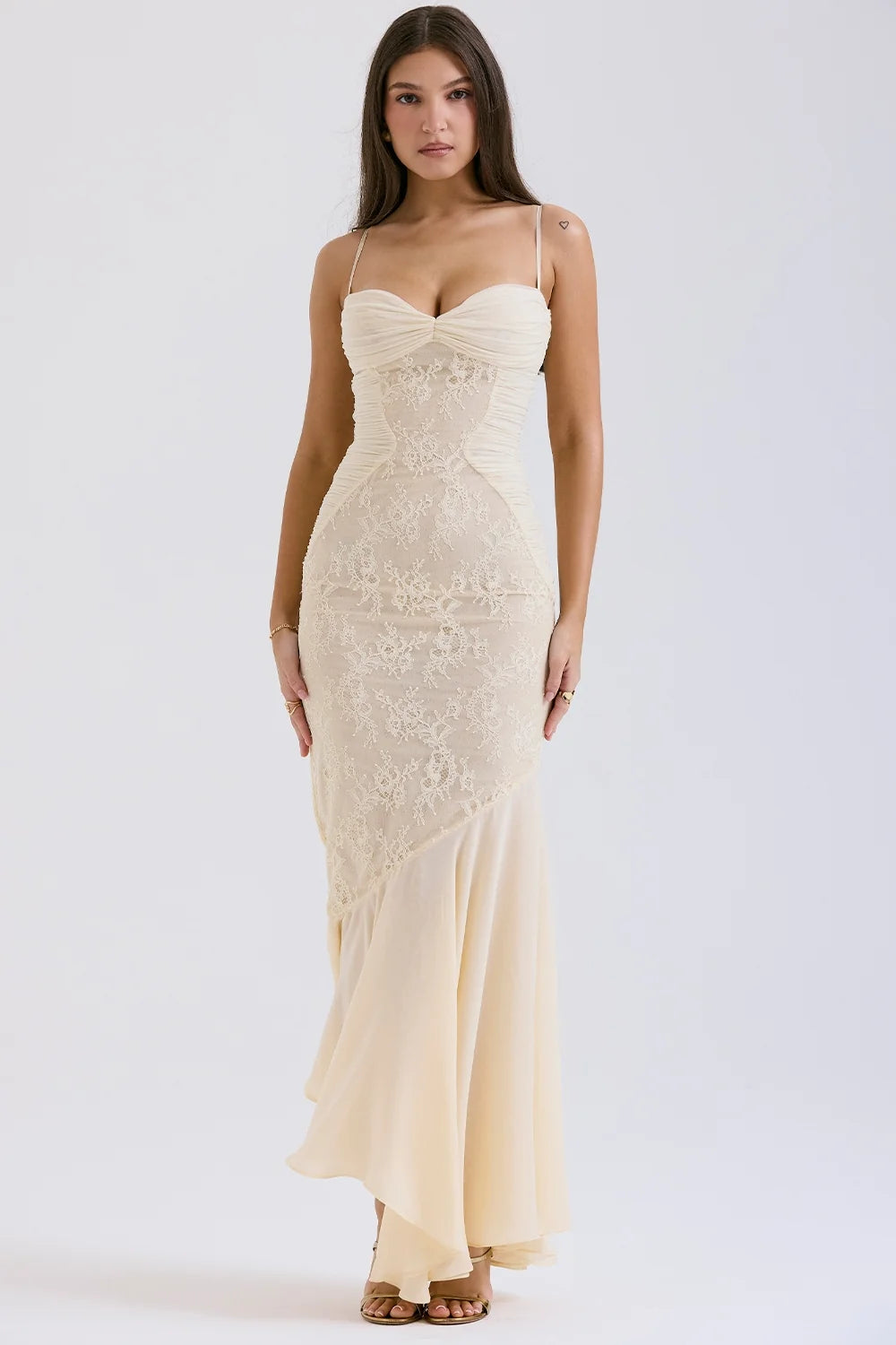 vanilla chiffon lace gown