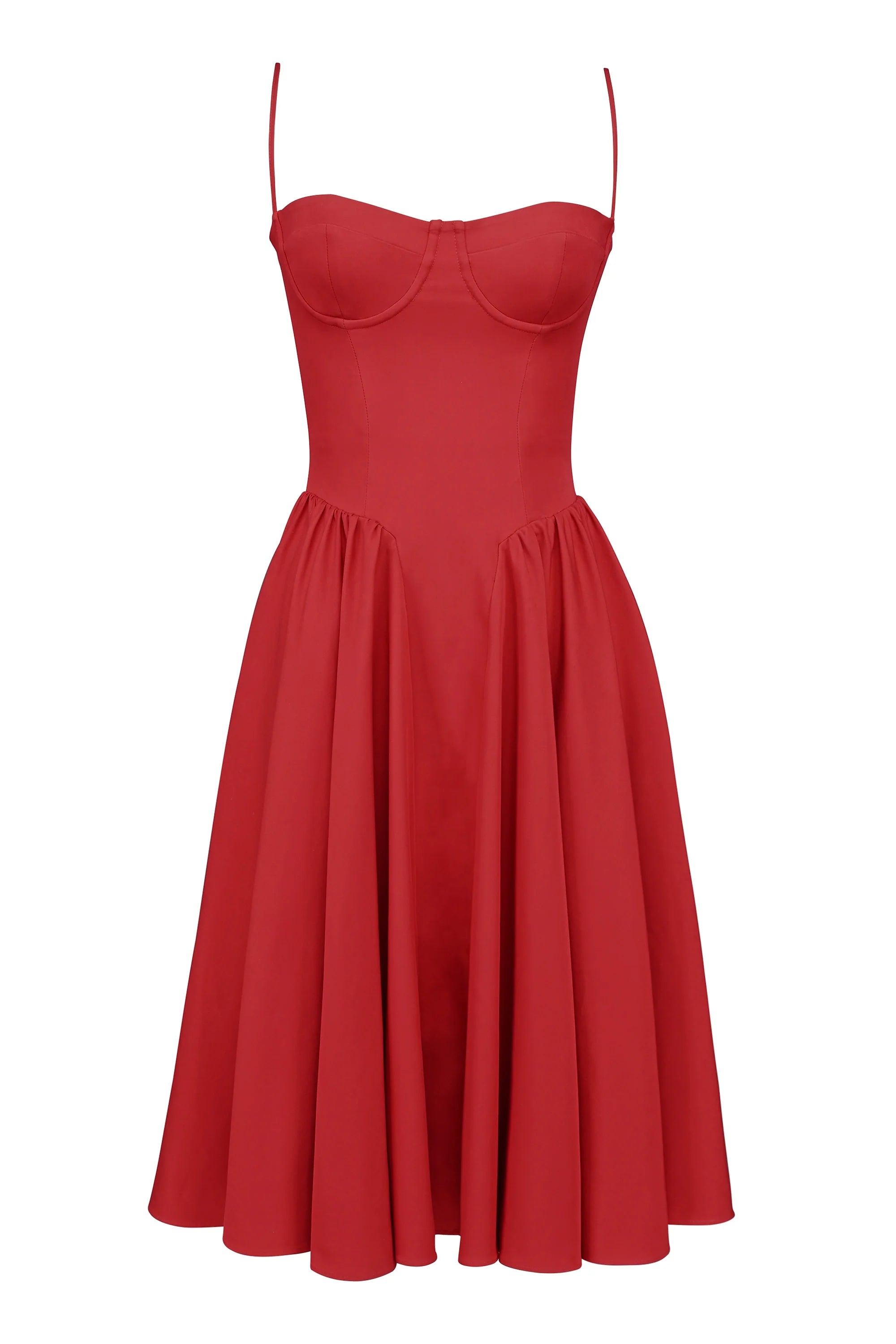 red gathered midi dress