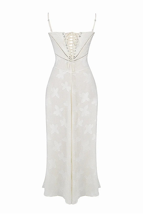 vintage cream floral lace back maxi dress