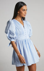 Zandra Mini Dress Puff Sleeve Poplin Dress in Icy Blue