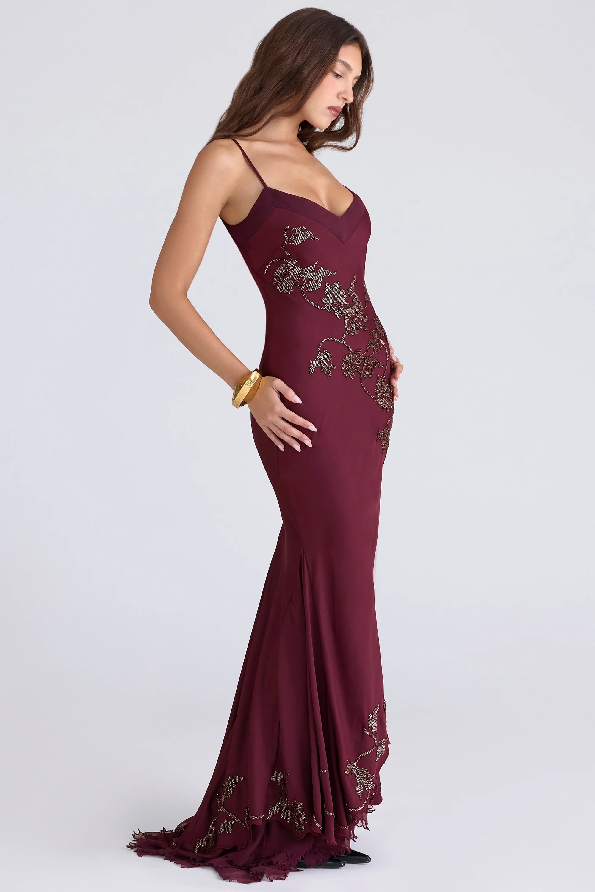 plum hand beaded embellished satin maxi gown limited edition