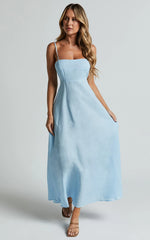 Brette Midi Dress Linen Straight Neck Strappy Fit And Flare Dress in Blue