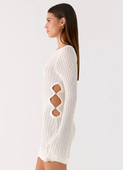 Zenzi Long Sleeve Crochet Mini Dress White