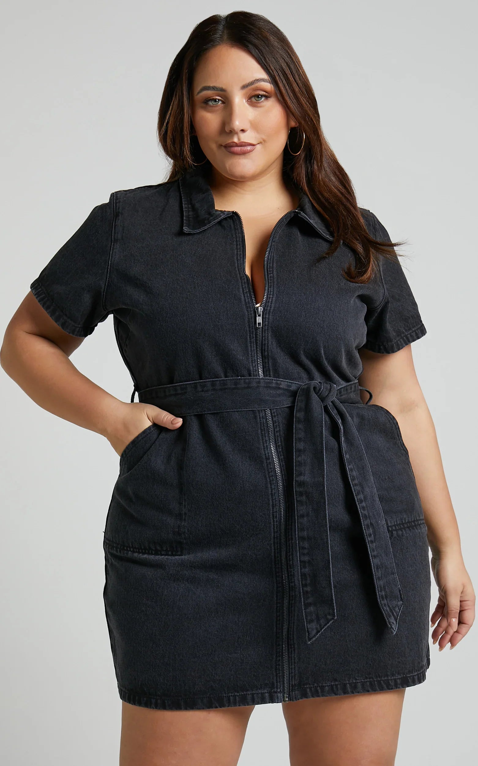 Nandini Mini Dress Hardware Zip Through Denim Dress in Black Wash