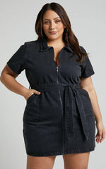 Nandini Mini Dress Hardware Zip Through Denim Dress in Black Wash