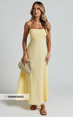 Brette Midi Dress Linen Straight Neck Strappy Fit And Flare Dress in Lemon
