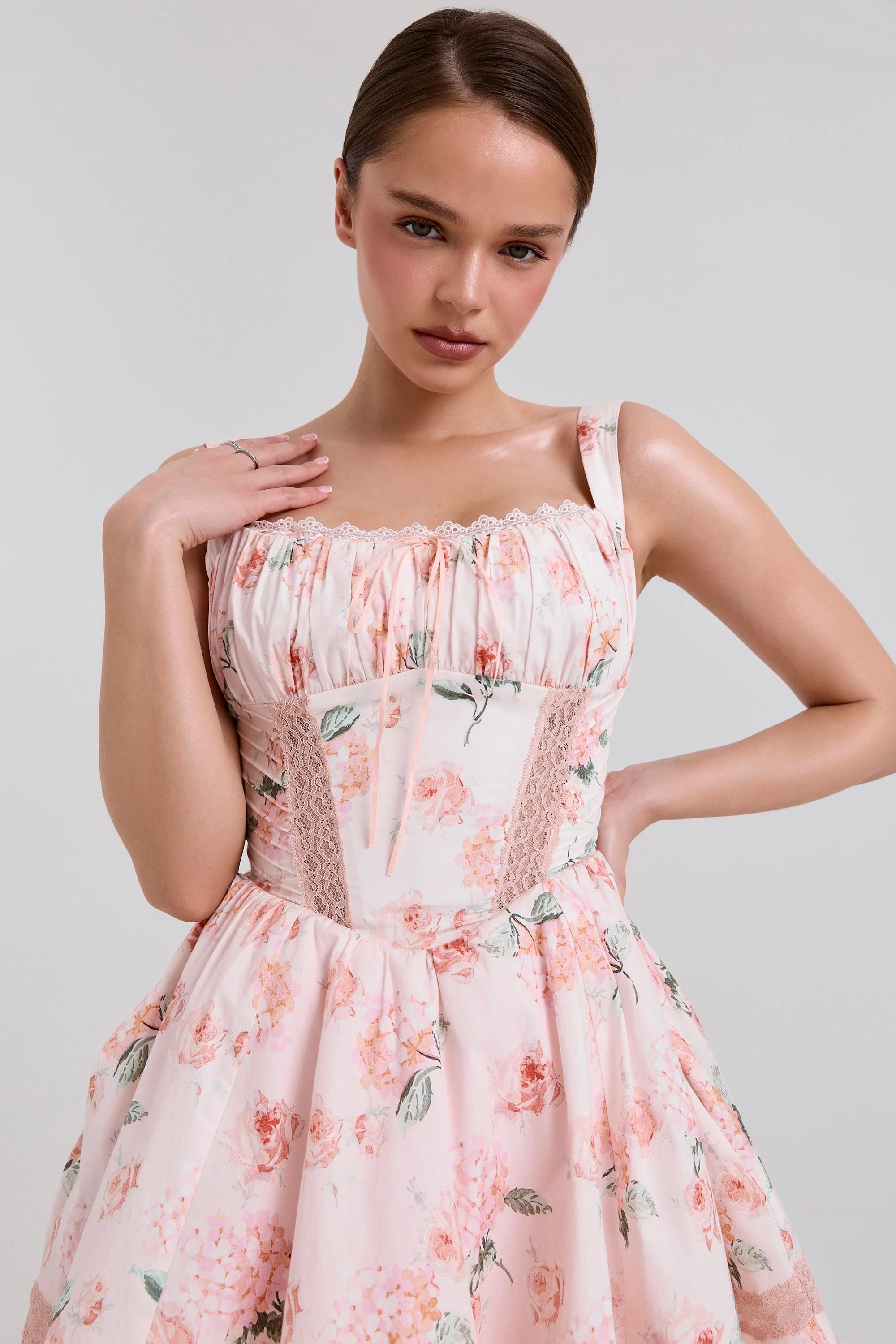 peach floral rose print cotton mini dress