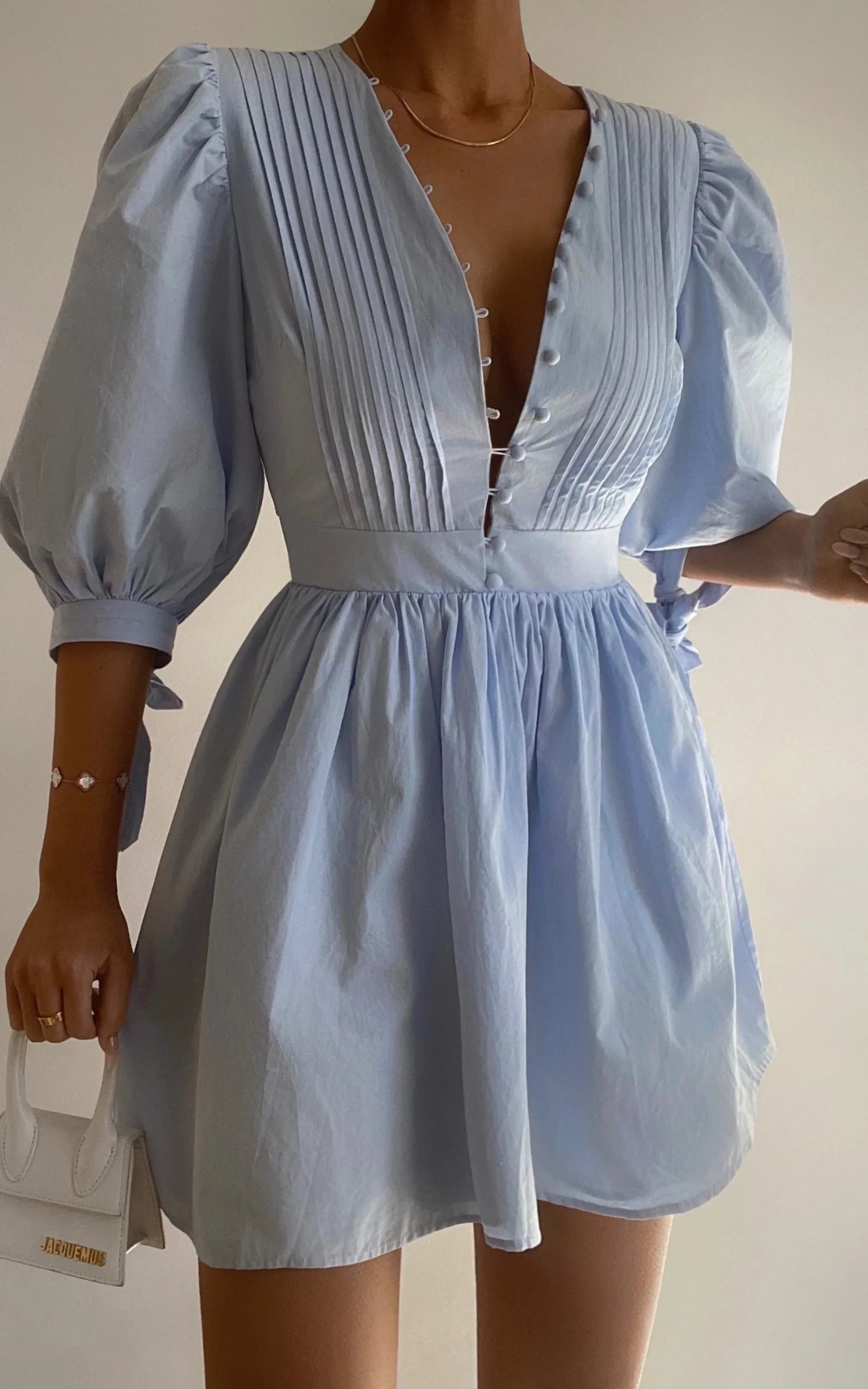 Zandra Mini Dress Puff Sleeve Poplin Dress in Icy Blue