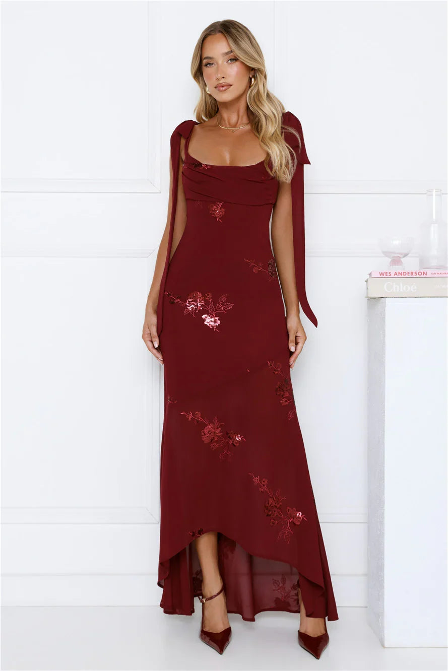 Flirty Sequin Embroidered High Low Maxi Dress Maroon