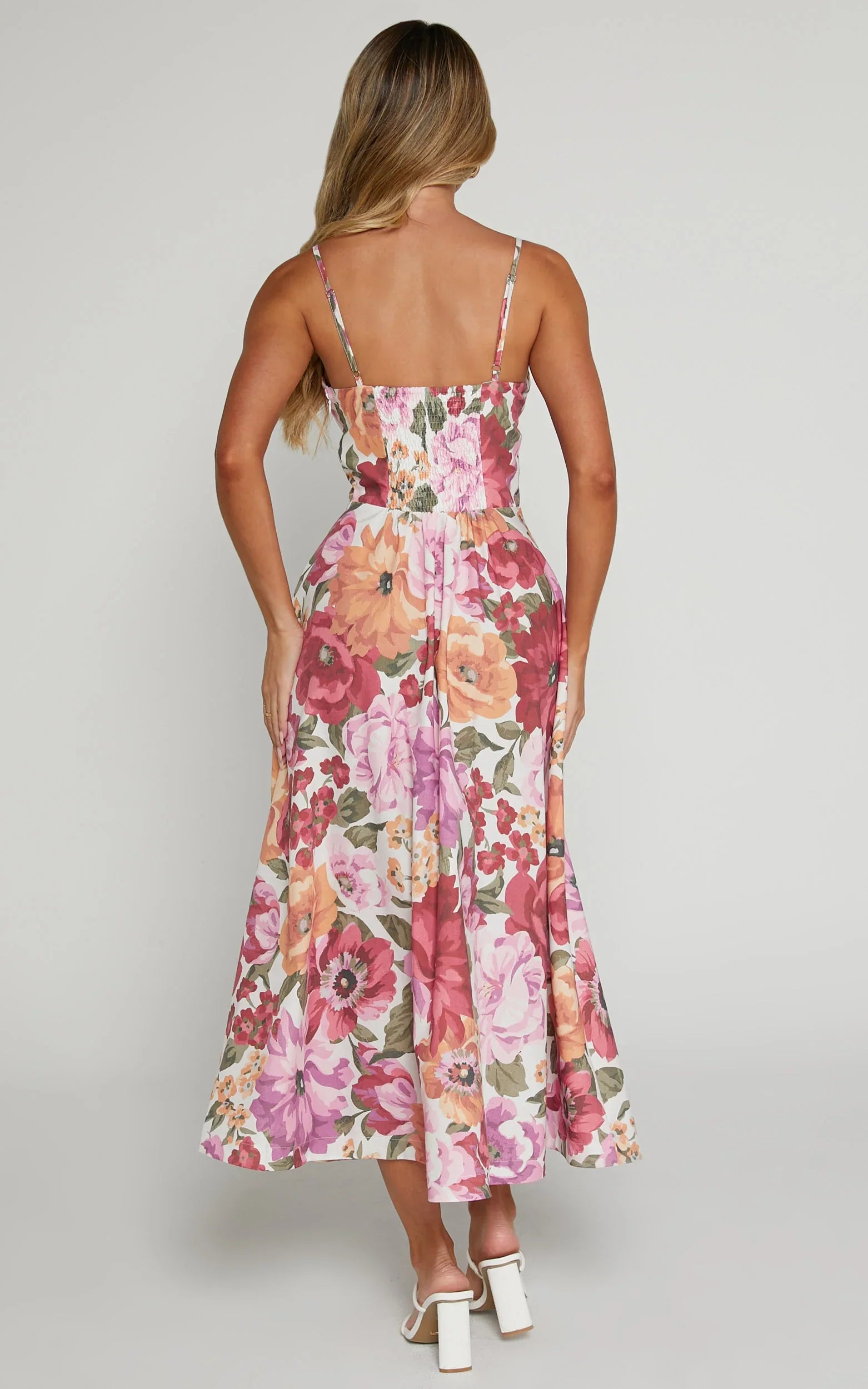 Robertson Midi Dress Strappy Sweetheart Bustier Flare Dress in Spring Floral