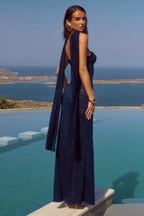 AMANA STRAPLESS SCARF MAXI DRESS NAVY