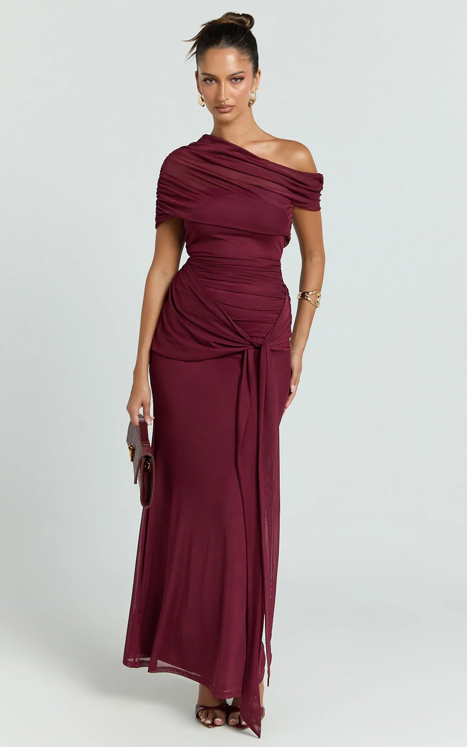 Nicolette Maxi Dress Cape Sleeve Off Shoulder Dress in Wine