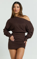 Alyce Mini Dress Long Sleeve One Shoulder Dress in Chocolate