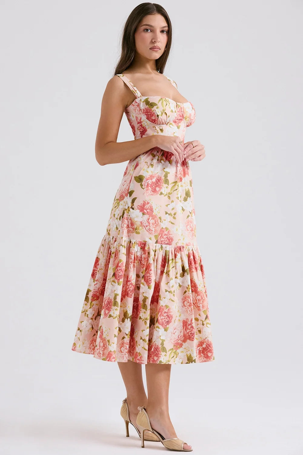 pink peony print cotton midi sundress