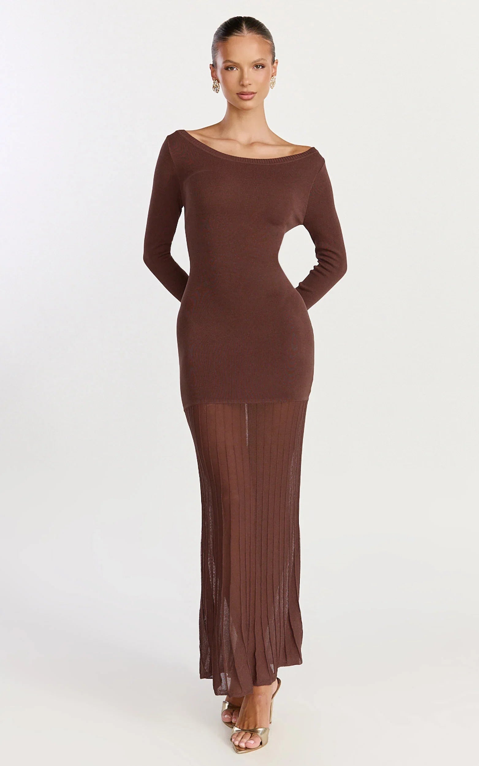 Delphine Maxi Dress Long Sleeve Knit Sheer Pleated Skirt Maxi Dress in Chocolate